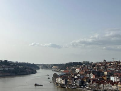 An elevated panoramic view from Vila Nova de Gaia, Portugal, depicts the Douro River winding through an urban landscape under a partly cloudy, light blue-grey sky.
The wide, brownish-green river occupies the mid-ground, flowing from the distant background towards the foreground. On the left riverbank, a steep hillside is covered with vegetation and interspersed residential buildings. A large arch bridge is partially visible spanning the river in the far distance along the left bank.
The right riverbank presents a dense, multi-story urban settlement characterized by historic buildings with varied facades in beige, yellow, and pastel tones, predominantly topped with terracotta tile roofs. This area is consistent with Porto's Ribeira district. A church steeple rises prominently among the buildings. In the upper right background, a yellow construction crane is visible. Numerous smaller boats are moored along the river's edge adjacent to the right bank.
On the river, a dark-colored Rabelo boat, featuring a reddish cabin, is observed traversing the water in the mid-ground, oriented slightly left and moving towards the viewer. Several other indistinct vessels are present further upriver and moored near the right bank. No discernible individuals or groups of people are visible engaging in specific actions or interactions within the frame.