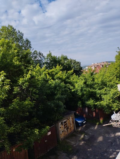 The image displays an outdoor urban landscape from an elevated perspective, likely during late morning or early afternoon on a bright, partly cloudy day. The scene is dominated by a lush, dense canopy of vibrant green deciduous trees in the foreground and mid-ground, suggesting either spring or summer.
In the background, beyond the trees, several residential buildings with distinctive red and orange tiled roofs are visible, indicating a town or city setting. Further in the distance, gentle hills or mountains are silhouetted against the sky, which features both clear blue patches and scattered white cumulus and thinner stratus clouds.
In the lower portion of the image, urban elements emerge from beneath the foliage. To the left, a rusty, corrugated metal garage door is partially seen. Adjacent to it, a dark blue car, resembling a Citroën C4, is parked. Its front license plate is visible, displaying the country code "BG" for Bulgaria. On a rusty metal fence-like structure to the right of the car, a small white sticker with red text clearly reads "ТАБАК" (Tabak, meaning Tobacco). On the far right, a part of a white, skeletal metal structure, possibly a disassembled basketball hoop or frame, is partially visible. No people are present in the scene. The overall impression is a quiet, green residential area of Sliven, Bulgaria, observed under pleasant daylight conditions.