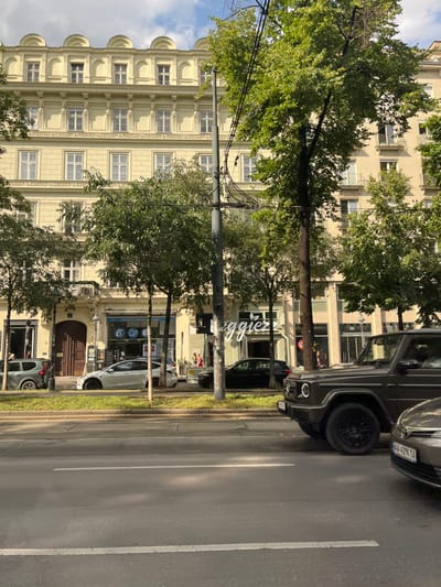 The image shows a street scene in Vienna, Austria, located at 48.203 latitude and 16.368 longitude. The street is lined with tall buildings, and the sidewalk is lined with trees. A dark grey SUV is parked in the middle of the street. There are two cars parked on the side of the street, one white and one blue. The SUV has its hazard lights on and the driver appears to be waiting to pull out. The building in the background is a large, old building with a yellow façade, possibly a commercial building. The building on the right has a sign in its window that says "Gigger."  There are several people visible in the distance, likely pedestrians. The sidewalk appears to be paved. The street is paved with asphalt. There is a traffic light visible in the background. The day is clear and sunny.