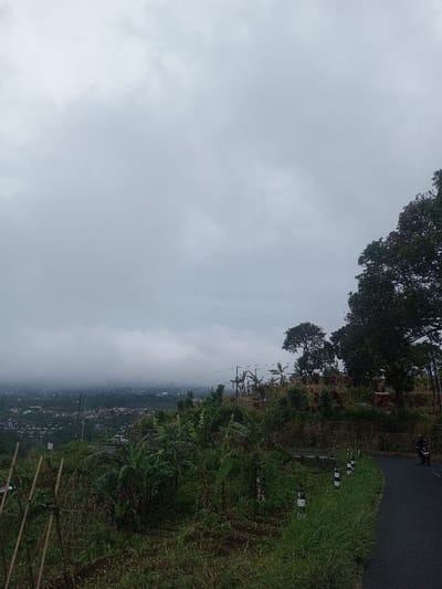 A winding road hugs a lush hillside under a heavy, overcast sky. Green vegetation and trees dominate the midground, obscuring parts of a distant town veiled in low-lying clouds. A motorcycle travels along the road. The view from this elevated position suggests a rural landscape struggling under damp weather.