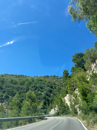 This image captures a scenic view of a curved road passing through a lush, green hillside under a clear blue sky. The road is paved and marked with white lines, suggesting it's a route for vehicles. A metal guardrail runs along the left side of the road, separating it from the steep incline. The hillside is densely covered with various types of trees and vegetation, with some rocky outcrops visible. The sky is a vibrant blue, with a few lens flares appearing as streaks of light. The presence of bright sunlight indicates a daytime scene. The vegetation and terrain are consistent with the Mediterranean landscape found in areas like Mattinata, Italy, known for its rugged coastline and verdant hills. There are no people or animals visible in the image.