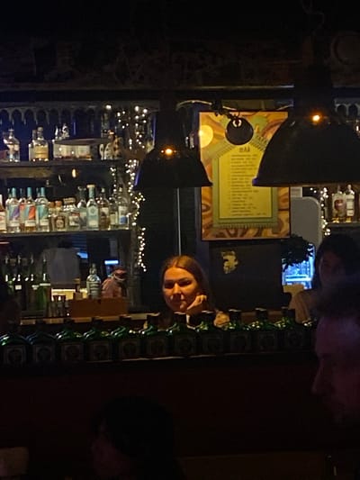 An indoor scene, likely a bar or dimly lit restaurant, is captured at night. The image is oriented vertically with the top shifted to the right. A prominent individual, appearing to be a woman, looks directly at the camera from the mid-right. Her face is well-lit, while other patrons are visible in the background, largely obscured or out of focus, including a head in the upper right and another in the lower right.
The background features a bustling bar area on the left, adorned with numerous bottles of alcohol and decorative string lights that cast a warm glow. Behind the prominent person, a framed sign or menu hangs on the wall. The frame has a light green border and warm-toned, abstract patterns. Inside, a light-colored rectangle displays text, which appears to be a list. Visible larger text reads "ТАРЕЛКА" (TARELKA) and "MAP" (MAP) at the top. A black, circular lamp or microphone with a glowing center is positioned to the left of this sign. Further in the background, a blue-lit object resembling an aquarium or display case can be seen. Along the lower edge of what might be a bar counter or partition, there's a decorative border of dark squares interspersed with green, vine-like garlands. The overall atmosphere is social and intimate, characterized by the low light and decorative elements.