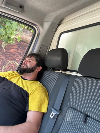 The image shows a man sleeping in the back seat of a vehicle. He has dark curly hair and a beard, and he is wearing a yellow and black t-shirt. The seat behind him is black with a textured pattern and a seatbelt is visible. The vehicle appears to have a sunroof. Outside the window, there are green plants and a wooden surface with a decorative element. The lighting suggests it is daytime. The location is identified as Peshtera, Bulgaria. The man's eyes are closed, indicating he is asleep.
