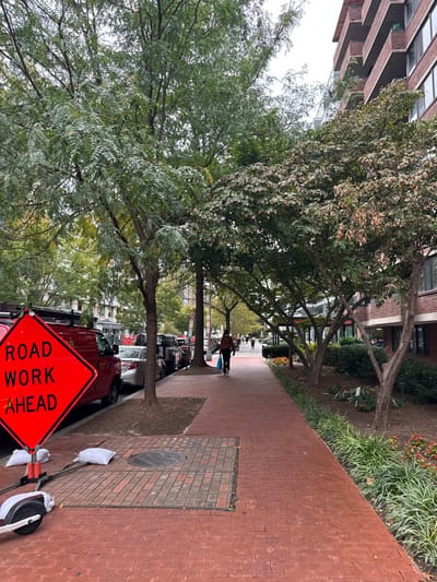 The image displays an urban street scene in Washington, United States, under an overcast sky. A prominent red diamond-shaped "ROAD WORK AHEAD" sign on white stanchions, stabilized by white sandbags, stands in the foreground on the left. Partially visible next to it on the ground is the front wheel and deck of a white electric scooter. A section of red brick pavement containing a circular metal manhole cover is visible on the sidewalk.
The foreground and midground are dominated by a wide red brick pedestrian sidewalk extending into the distance. To the left of the sidewalk, a line of mature trees with green foliage separates it from a street where several vehicles are parked parallel to the curb, including a red commercial van and a silver sedan.
On the right side of the sidewalk, a landscaped strip features various shrubs and smaller trees; some trees have green leaves while others display browning or variegated foliage. Beyond this landscaping, a multi-story brick building with multiple balconies and windows is visible.
A lone individual, dressed in dark attire and carrying a light blue bag, walks away from the viewer on the red brick sidewalk. Additional pedestrians are faintly visible further along the sidewalk in the background. The overall scene depicts a typical urban environment with tree-lined streets and hints of ongoing infrastructure activity.