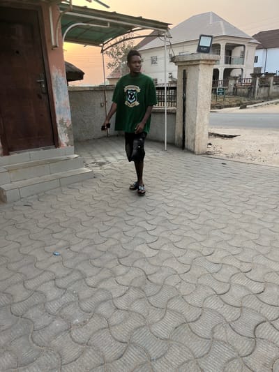 A young man stands on a patterned gray brick walkway. He is wearing a green t-shirt and black shorts. He is holding a black object in his hand. To his left is the corner of a building with a small doorway and steps. Beyond the man is a tall gray stone gatepost and a building with a peaked roof. The sky is light orange, suggesting it is either dawn or dusk.