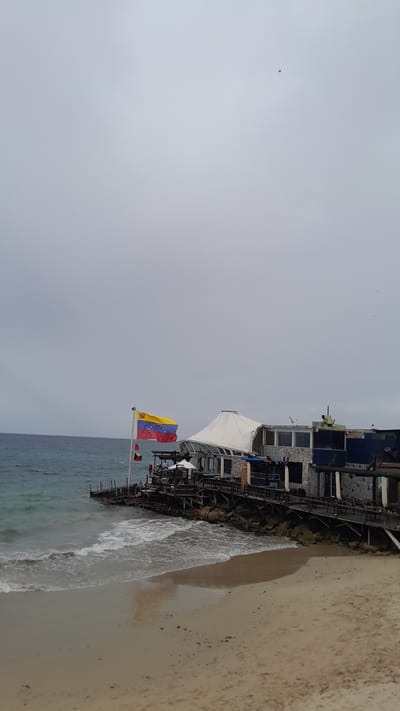 The image depicts a coastal scene in Pampatar, Venezuela, under an overcast sky. The upper two-thirds of the frame are dominated by a uniform, light grey sky with minimal detail, save for a few small, dark, indistinct specks high above, possibly birds.
In the lower left, the ocean exhibits a muted turquoise-blue hue, with white-capped waves breaking and receding onto a sandy beach. The sand, a light beige color, shows darker wet patches where the water has recently covered it, and scattered small debris is visible.
Along the shoreline, a multi-level building complex, likely a restaurant or similar establishment, is constructed directly on and over the water. Its architecture features sections with stone facades, large glass windows, and a prominent white, tent-like canopy roof. Extensive wooden decking with railings provides outdoor seating areas. Several tables and chairs are visible on these decks, and a few indistinct human figures are present, appearing to be patrons.
A flagpole rises from the wooden structure on the left side of the building, prominently displaying the national flag of Venezuela. The flag's horizontal bands of yellow, blue, and red are visible, with the blue band containing a semi-circle of white stars, though the exact number is not perfectly clear due to the flag's natural undulation. Beneath the Venezuelan flag, a smaller flag with red, yellow, and blue sections is also visible. The building's foundation on the water's edge is supported by visible stilts and reinforced with natural rock formations. The overall scene is illuminated by diffused daylight, indicative of the cloudy conditions.