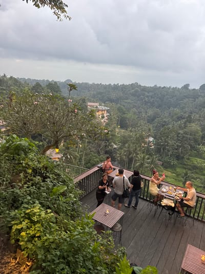 This high-angle, slightly blurry photograph captures a group of people dining on an outdoor wooden deck overlooking a dense, green jungle valley. The location appears to be a restaurant or cafe in the Ubud District, Indonesia, judging by the lush tropical vegetation and the architecture visible in the distance. The sky is overcast, contributing to a diffused, soft light.
On the deck, at least six individuals are present. To the left, a woman in a black shirt stands near a table with another person who is partially obscured. Two men, one in a grey t-shirt and shorts, and another in a darker shirt and jeans, stand near the edge of the deck, facing away from the camera. Further to the right, a woman in a yellow dress is taking a photo with her phone, while a man in a light-colored t-shirt and shorts sits at a table, engaged in conversation.
Several tables and chairs are arranged on the deck, some with place settings and food. A tree with pink flowers is prominent in the foreground to the left, with lush green foliage surrounding it and the deck. In the background, the jungle stretches out with layers of trees, punctuated by distant buildings and lights, suggesting a resort or village nestled within the landscape. The overall scene evokes a relaxed, communal dining experience set against a stunning natural backdrop.