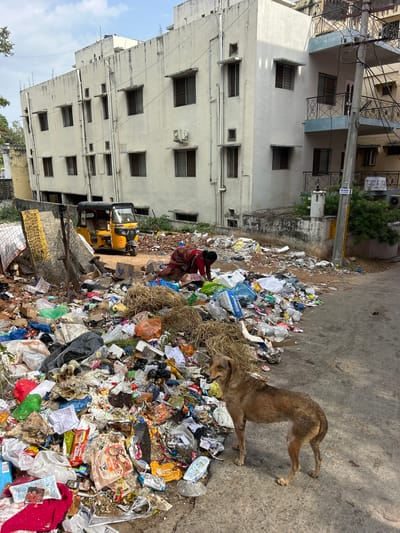 A scene of urban decay and neglect is depicted in Puttaparthi, India, where a large pile of garbage obstructs a street. The refuse, composed of plastic bags, cardboard boxes, debris, and other waste materials, has accumulated to the point of becoming a significant environmental hazard. In the foreground, a stray dog, appearing emaciated, stands amidst the trash, its presence highlighting the dire conditions. A woman, partially obscured by the debris, is seen sifting through the garbage, a stark illustration of the human struggle for survival in such impoverished environments. A yellow auto-rickshaw, a common mode of transport in India, is parked nearby, seemingly unaffected by the surrounding squalor. In the background, a multi-story building, likely residential, stands in stark contrast to the messy street, its facade showing signs of wear and tear, suggesting a general state of neglect in the area. The sky above is overcast, casting a somber mood over the scene.