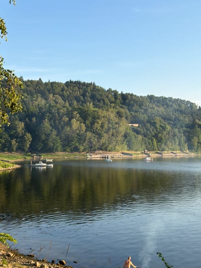 The image shows a body of water with a forested hill in the background. There are several boats on the water, including a white boat docked at a pier. A person is visible on the shore in the foreground, holding a fishing rod. The sky is clear and blue. The scene is likely Lipie, Poland, based on the provided information.