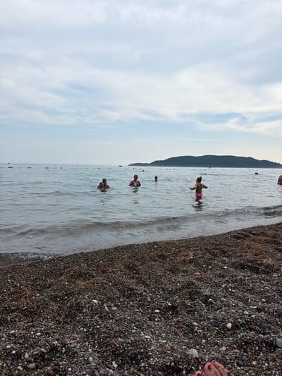 The image depicts a beach scene in Rafailovići, Montenegro. The camera is oriented vertically, showing a sliver of the beach in the foreground and the sea stretching towards the horizon. The beach is covered in dark pebbles and some dry vegetation. In the water, several people are visible, appearing to be enjoying a swim. One person, wearing pink swimwear, is standing in the shallow water, facing away from the camera with arms outstretched. Further out, other individuals are swimming or wading. The sea is calm with gentle waves lapping the shore. In the distance, a mountainous silhouette is visible against a pale, cloudy sky. The lighting suggests it is daytime, possibly late afternoon, given the soft light. The overall mood is serene and recreational, with people engaged in typical beach activities. There is no visible text in the image.
