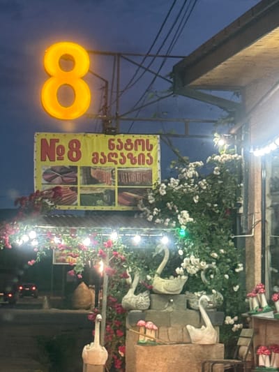 This image depicts an illuminated outdoor scene at dusk or night in Manavi, Georgia, likely an entrance to a commercial establishment. A large, bright yellow-orange illuminated number '8' is prominently displayed at the top left. Below it, a yellow banner features the text "Nº 8" on the left and Georgian text, "ნაბამ მასატი" (Nabam Masati), on the right. Below the text are six smaller rectangular images, showcasing what appear to be various types of sausages or processed meat products.
The scene is heavily decorated with lush greenery and flowers. Red flowering vines, strung with multiple small, round white lightbulbs, create an archway or trellis structure extending from the left. On the right, a dense bush with white flowers is also adorned with similar white lights, and one green light is visible within the foliage.
In the foreground, decorative elements include three white swan statues: one on the far left facing right, and two on a stacked, stone-like base in the center-right, both facing left. To the far right, several clusters of red and white mushroom-shaped decorations are displayed on a small wooden structure. Smaller pink mushroom decorations are also visible near the lower swan on the left.
In the mid-ground, a large, ovoid, light-brown object, possibly a ceramic pot or urn, is partially obscured behind the red flowering vines. Power lines are visible against the dark blue sky in the upper left quadrant. In the distant background, on a dark road, two vehicles with illuminated red taillights are discernible. No people are visible, and no actions or interactions are depicted. The overall environment suggests a decorative, well-lit, and welcoming outdoor space.