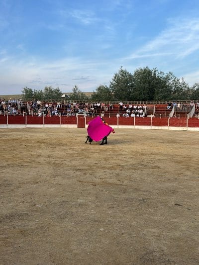 A bullfight is taking place in San José del Valle, Spain. A matador is facing a bull in the center of a dirt arena. The matador is holding a large, bright pink cape. Spectators are seated in the stands surrounding the arena, with trees visible behind the stands. The sky is partly cloudy.