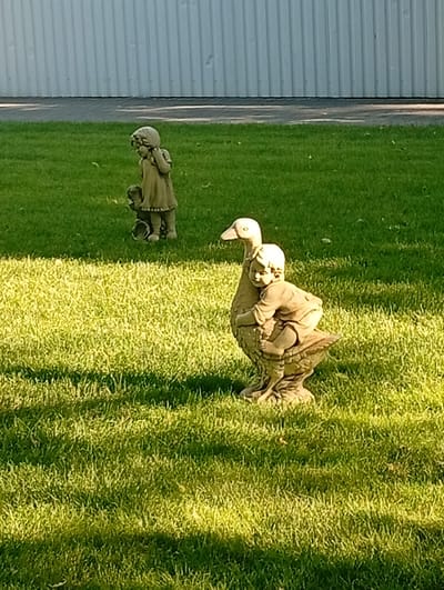 The image displays a grassy lawn with two stone garden statues in Pokrov, Ukraine. In the foreground, a statue of a child riding on the back of a duck is positioned on the right side of the frame. The child is depicted with its arms wrapped around the duck's neck. In the background, to the left, a statue of a young girl holding a small object, possibly a toy, is visible. The statues are made of a light-colored material and appear to be weathered. The grass is green and appears to be well-maintained, with some areas in sunlight and others in shadow. Behind the lawn, a white corrugated metal wall is visible, suggesting the property is bordered by a building or structure.
