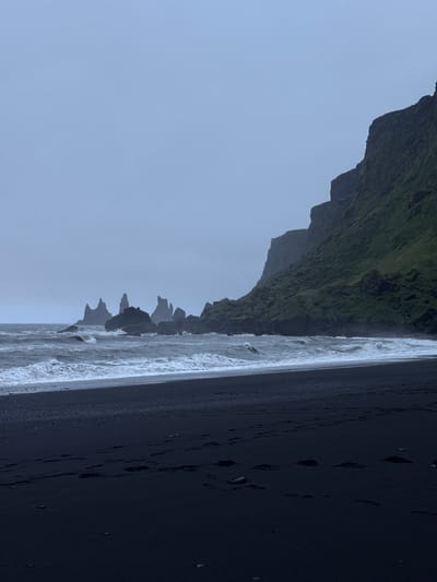 The image depicts a black sand beach in Vik, Iceland. On the left side is a cliff face covered in green vegetation. The ocean is turbulent with white foamy waves crashing on the shore. There are basalt sea stacks rising out of the water. The sky is overcast and grey. The black sand shows footprints.