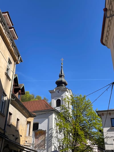 The image is a low-angle view in Ljubljana, Slovenia. It looks up at the tower of the Franciscan Church of the Annunciation, a notable landmark. The church features a distinctive black roof and a clock on its white facade. The sky is clear and blue, with a contrail stretching across it. The church tower is framed by surrounding buildings, a tree with fresh green leaves, and electrical wires. The buildings are varied in style, with aged facades and tiled roofs.