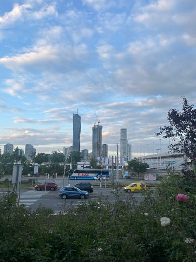 The image shows a view of the city of Vienna, Austria from a low vantage point, looking across a street towards a skyline of tall buildings. The location of the image is near the Danube River, as indicated by the coordinates (latitude: 48.226, longitude: 16.404). The sky is mostly blue with white clouds. In the foreground, there are green bushes and flowers, and a pedestrian crossing. There are cars and a bus driving on the street. The bus is blue and white with the word "NILLES" written on its side. There are tall buildings in the background, including a tower crane and a skyscraper. The image was taken during the day, likely in the afternoon or evening.