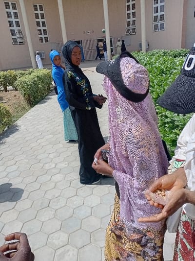 The scene is set outdoors in Kwazailewa, Nigeria, under bright daylight. A hexagonal concrete block pathway occupies the foreground and midground. On the far right, a partially visible individual wears a black visor and a patterned skirt, holding a small, clear plastic bag containing light brown seeds or nuts in their hands. Adjacent, another individual wears a light purple patterned head covering, a dark textured headpiece, and a patterned skirt, engaging their hands with a small white object. To the left, a female in a black hijab and a black dress with white and light green embroidery stands with clasped hands, looking towards the camera. Behind her, a fourth female wears a bright blue head covering and a light blue patterned skirt, facing left. The pathway is bordered by green bushes. In the background, a light-colored building with multiple rectangular windows and prominent columns is visible. Several additional individuals are present near the building's entrance.