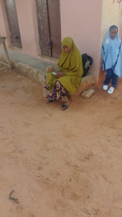 Two females are in the foreground of the image, with a young girl standing to the right of a seated woman. The seated woman is wearing a green hijab and a patterned skirt, and she is looking down at her phone. The young girl is wearing a blue hijab and a blue and white dress, and she is looking at the camera. Both are in front of a building with pink walls and wooden doors. The ground in front of them is sandy and appears to be dry. There are some footprints in the sand. The lighting suggests it is daytime, and the setting appears to be outdoors in a village or town in Tempure, Nigeria. The overall mood of the image is neutral.
