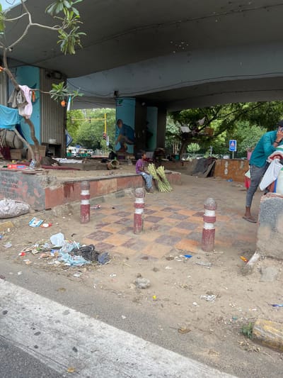 The image depicts a street scene in Delhi, India, likely under a flyover or elevated road, characterized by a significant amount of litter and debris. In the foreground, a grimy roadside is strewn with plastic bags, wrappers, and other refuse. A concrete curb separates the road from a raised, tiled area, which is also littered.

Several people are present. On the right, a man in a teal shirt is talking on his phone, holding a stack of white and blue checkered fabric. To his left, a young boy in a purple t-shirt and blue jeans is seated, holding a bundle of long, green stems, possibly flowers or reeds. Further to the left, two people appear to be sleeping or resting on a mattress and blankets, partially obscured by a tree and laundry hanging on a branch. Clothes are also draped over a blue corrugated metal structure.

The background shows greenery and trees, with traffic signals and vehicles, including auto-rickshaws, visible on the road beyond the flyover. A blue and white traffic sign with a pedestrian symbol is also present. The overall environment suggests an urban, possibly a lower-income or transient area, with evidence of both daily life and neglect. The graffiti on the concrete wall under the flyover adds to the urban aesthetic.