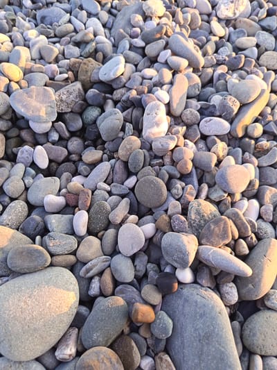 A close-up, overhead shot captures a dense, textured surface of smooth, rounded pebbles and stones. The stones vary in size, from small gravel to larger, fist-sized rocks, and exhibit a range of muted colors including grays, blues, whites, and occasional earthy browns. Sunlight casts warm highlights and soft shadows across the uneven terrain, emphasizing the varied shapes and subtle patterns within the collection of stones. The image appears to depict a natural outdoor environment, possibly a beach or a stony ground, located in the city of Sirius, Russia. There are no people or overt actions depicted; the focus is solely on the geological composition of the scene.