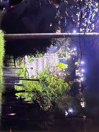 The image captures a nighttime scene in what appears to be a residential or semi-rural area, possibly in Wolverhampton, United Kingdom.

In the foreground, the left side is dominated by dark tree branches with clusters of light-colored leaves or flowers, while a tall utility pole stands prominently. The bottom-left corner shows a partial view of a dark-colored car, with a hint of a red light visible. On the right, a wooden fence stretches across the lower portion of the frame, accompanied by bright green foliage from trees and shrubs.

The middle ground reveals an illuminated road or path winding uphill, flanked by dense greenery. A distinct red circular "No Entry" sign, with a white horizontal bar, is clearly visible along this path. Further up the incline, indistinct shapes are visible, including what appears to be a person in a blue top or jacket to the left side of the path, and a yellow object or figure further ahead.

The background is illuminated by numerous bright artificial lights, suggesting the presence of streetlights, distant buildings, or houses. The overall impression is that of a quiet night. The weather appears clear, with no visible precipitation or fog. No specific activities or strong emotions are discernible from the static scene. The image quality is somewhat grainy, typical of low-light photography.