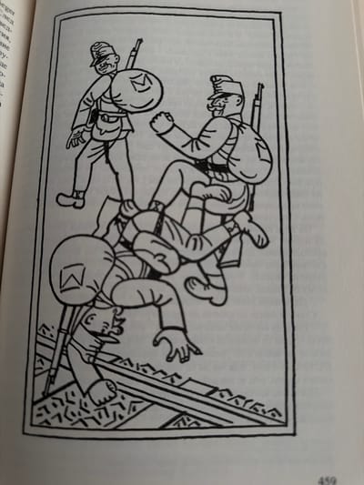 The image is a black and white illustration depicting a chaotic scene involving several soldiers. In the foreground, one soldier is lying on the ground, appearing to be either injured or incapacitated, with another soldier standing over him. Above them, two soldiers are engaged in a struggle, with one seemingly being lifted or held by the other. All soldiers are wearing uniforms that include hats and appear to be carrying rifles and large bags or packs. The background shows a patterned surface that could represent the ground or some form of infrastructure. There is no visible indication of a specific location in Pazardzhik, Bulgaria, within the image itself.