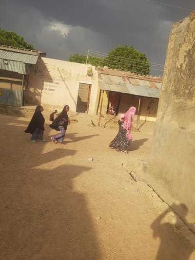 Dutsinma B, Nigeria: Three women walk along a dirt street between buildings. One woman wears a pink headscarf and a patterned dress. Two women wear dark, full-length garments. Buildings constructed of concrete and corrugated metal line the street. A shop advertises recharge cards, a mini bookshop, soft drinks, and provisions. The sky is overcast.