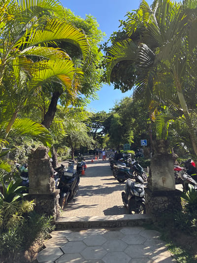 The image shows a street scene in Nusa Dua, Indonesia, with numerous motorcycles parked along the edge of the paved road. The area is shaded by lush, tropical vegetation, including palm trees. A blue handicapped parking sign is visible. People are walking in the distance. The road is constructed of rectangular paving stones. Concrete barriers separate the parking area from the vegetation.