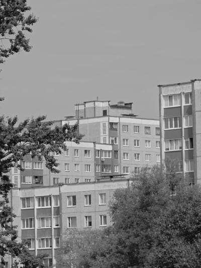 The image displays a close-up, mid-level view of several multi-story residential buildings, likely in a post-Soviet era housing complex, with trees in the foreground. The buildings are constructed from concrete and appear to be similar in design, featuring rows of windows. Some buildings have visible external features like balconies or air conditioning units. The sky is overcast. The scene is static and does not show any people or ongoing actions. The overall impression is of a typical urban residential area.