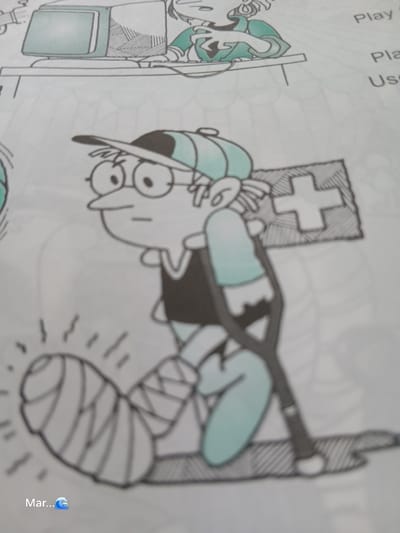 The image is a cartoon illustration depicting a person with a broken leg, using a crutch. The person is wearing a baseball cap and glasses, and their leg is in a cast. Behind them, there is a flag with a red cross, indicating a medical context. In the background, another cartoon character is shown using a computer. The text "Mar..." with a wave emoji is visible in the lower left corner. The scene is presented in a simplified, black and white style with some areas filled with a light blue color. There is no discernible information in the image that would allow for its location to be specified as La Tagua, Venezuela, or any other specific urban area.