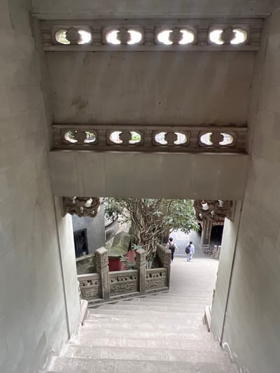 The image displays a downward view from within a light gray stone passageway in Shapingba District, China. The foreground is dominated by a wide, descending flight of gray stone stairs. Approximately two-thirds up the frame, a prominent horizontal stone lintel spans the passageway. Above this lintel, two rows each feature five carved, quatrefoil-shaped openings. Below the lintel, ornate, scrolling stone brackets are affixed to the vertical walls flanking the opening.

To the left of the descending stairs, a low stone balustrade with intricate floral or foliage carvings runs along an intermediate level, supported by square posts. Beyond the staircase, an outdoor paved area with geometric patterns is visible. Two individuals are walking away from the viewer on this paved surface: one in dark clothing carrying a backpack, and another in light-colored attire.

To the left of the paved area, a large tree with exposed roots and twisting branches stands. Adjacent to the tree are a dark building with a window, a red lantern, and a large, irregularly shaped gray decorative rock. In the background, to the right, a traditional Chinese building entrance adorned with red and gold elements and a dark plaque bearing Chinese characters is partially visible.