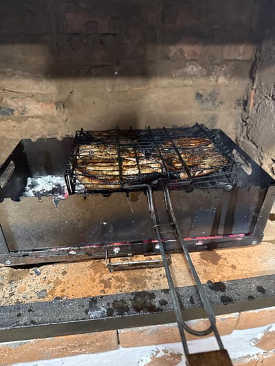In Gon'ba, Russia, a grill basket filled with seasoned meat is cooking over hot coals inside a brick fireplace. The meat, appearing to be pork ribs or similar cuts, is arranged in rows and is visibly charred in places from the high heat. The grill basket itself is made of dark metal and has two handles for lifting and maneuvering. The fireplace is constructed of rough brickwork, with a metal insert forming the base of the grill. Ash and embers glow beneath the meat, indicating active cooking. The surrounding area appears to be an outdoor or semi-outdoor setting, with a floor made of rough concrete or stone.