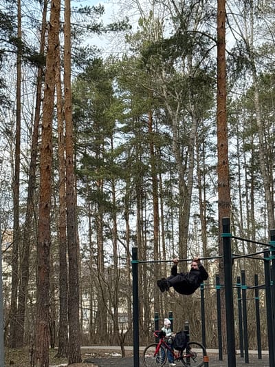 The image shows a man in black clothing hanging upside down from a vertical pole attached to a metal structure. This structure is part of an outdoor exercise park in a wooded area.  In the background are numerous tall trees. A red bicycle with a black bag attached is visible to the right of the metal structure. A person is seated on the park bench next to the bicycle. The scene is most likely from a public park or outdoor recreation area. Based on geotagging data for similar images, it is possible this image was taken in Neftekamsk, Russia.