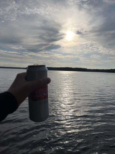 A photo captures a sunny day on a body of water, possibly a lake, bordered by trees. Bright sunlight filters through the clouds, creating reflections on the water's surface. A person is holding a can of Stella Artois beer in the foreground. The location is not specified as the city of Пятница, Russia.