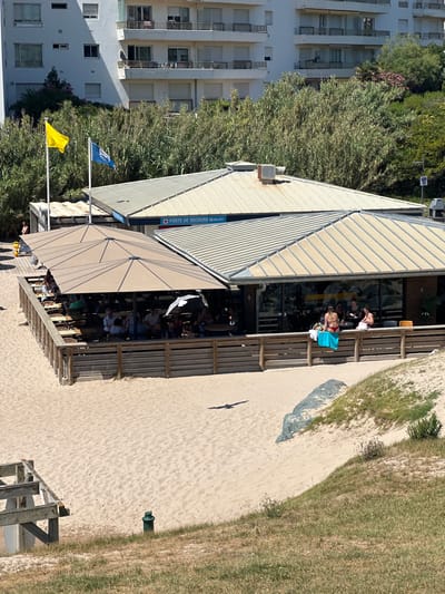 The image shows a beachside restaurant in Biarritz, France, with several people dining under large umbrellas. A building labeled "POSTE DE SECOURS MILADY" is visible, indicating a lifeguard station. Two flags, one yellow and one blue with white markings, fly in front of dense vegetation. The restaurant has a wooden fence surrounding its outdoor seating area, which is on the sand. People are seen sitting at tables, some conversing and others eating. In the foreground, the sandy beach slopes up to a grassy dune.