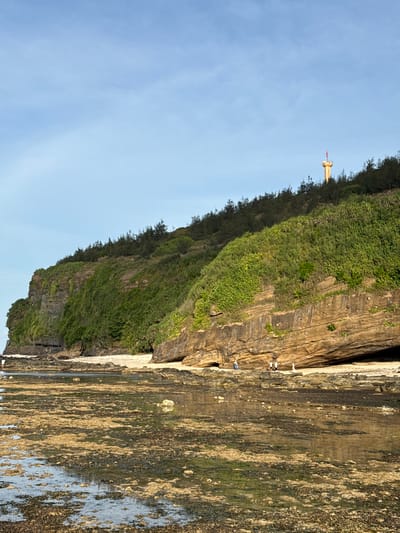 A landscape view of a cliff face covered in lush green vegetation meets a rocky shore with tidal pools. At the top of the cliff, a white and yellow tower with a red flag stands against a clear blue sky. A narrow sandy strip runs along the base of the cliff, separating it from the rocky intertidal zone. Several small figures, likely people, are visible on the sand and near the water's edge, appearing to be exploring or enjoying the coastal scenery. The scene suggests a bright, sunny day, possibly late afternoon given the angle of the light on the rocks. The overall impression is one of a beautiful, natural coastal environment in a tropical or subtropical region.