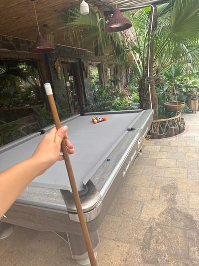 An outdoor pool table is set up on a stone patio in what appears to be a tropical or semi-tropical environment. The pool table is gray with a set of colorful billiard balls racked at one end. A person's hand is visible in the foreground, holding a pool cue, as if about to play. Surrounding the patio are lush green palm trees and other tropical foliage, suggesting a resort or recreational area. In the background, there's a building with a thatched roof and stone accents, further reinforcing a tropical setting. The lighting indicates it is daytime, possibly overcast. The location, Nam Hoa Lư Ward, Vietnam, suggests this could be a leisure area within that region.
