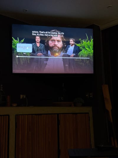 A television screen displays a scene from "Between Two Ferns." Zach Galifianakis is front and center, looking at the camera with a serious expression. Another man stands behind and to the right. Subtitles read, "actors. That's all I'm saying. No, it's fine. It's fine. He's a big star." The video is paused and plays on the Funny or Die website. The background reveals part of a room, including a wall, shutters, a paddle, and a plant.