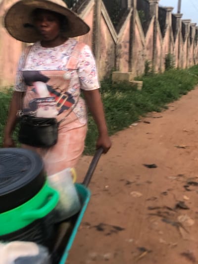 A person is pulling a cart on a dirt road next to a green strip of grass in what appears to be Nsugpe, Nigeria. The individual, wearing a straw hat and patterned shirt, has a black purse slung across their body and is holding onto the cart's handle. The cart itself is filled with various objects. To the left of the road and grass is a concrete wall with a sawtooth design. The ground is a mixture of brown dirt and debris.