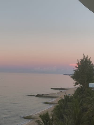 The image depicts a serene beach scene at Phu Thuy Ward, Vietnam, during twilight. The sky exhibits a soft gradient of pale blue to pink, with scattered, wispy clouds. The ocean is calm, with gentle waves lapping at the sandy shore. Several rock formations protrude from the water near the coastline. The beach is populated by a few individuals walking and standing. There are also several surfboards or paddleboards resting on the sand. Lush green palm trees and other foliage line the edge of the beach, with a portion of a white structure visible on the right side of the frame. A dense, dark green tree stands prominently on the right, partially obscuring the distant coastline and the setting sun, which casts a faint pink glow on the horizon. The overall atmosphere is peaceful and tranquil.