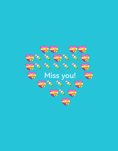This image depicts a digital graphic against a teal background. The graphic is arranged in the shape of a heart, composed of pink heart emojis with yellow bows and images of dango, a type of Japanese dumpling, on skewers. In the center of the heart shape, the text "Miss you!" is displayed in white, sans-serif font. There are no discernible elements related to the city of Shymkent, Kazakhstan, in this image.