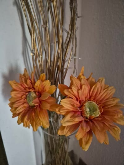The image features two artificial orange daisy-like flowers with green centers. They are positioned in the foreground, with one slightly above and behind the other. The flowers are set against a background of thin, golden-brown branches, possibly part of a decorative arrangement. Small, clear beads or lights are interspersed among the branches, some of which are illuminated, suggesting they might be part of a string of fairy lights. The overall setting appears to be indoors, possibly on a shelf or mantelpiece, indicated by the white surface below and the textured, light-colored wall above. The lighting is soft and somewhat dim, creating gentle shadows. The focus is primarily on the flowers and the decorative branches. There is no text visible in the image. The scene evokes a feeling of autumnal decoration or a cozy, indoor ambiance.