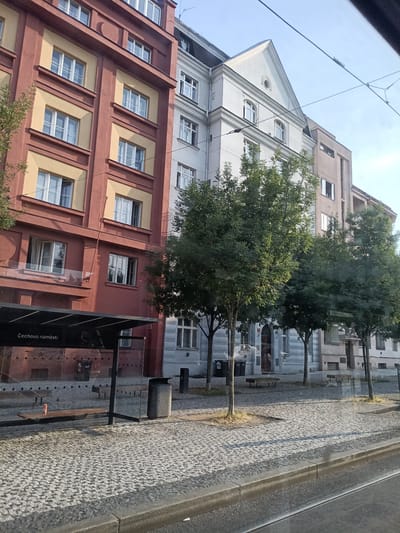 The image shows a street scene in Prague, Czechia, likely from a moving vehicle. On the left is a bus stop with a glass shelter displaying the text "Čechovo náměstí," indicating this is Čechovo Square. The shelter has a wooden bench inside and a trash can outside. The area is paved with cobblestones. Behind the bus stop are several buildings of varying architectural styles. The building closest to the bus stop is a red and yellow facade with many windows. Next to it is a light-colored, more ornate building with a triangular gable. Further to the right are other apartment buildings. Trees line the street between the buildings and the sidewalk. The sky is clear and blue.