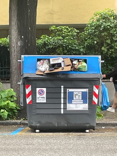 A black and blue trash bin with red and white stripes on the side is overflowing with trash. The trash includes cardboard boxes, plastic bags, and other items. The bin is located on a paved street in front of a building with yellow walls and green bushes. The coordinates indicate a location near the neighborhood of Prati in Rome, Italy. A person's legs can be seen in the background, along with a blue recycling bag on the ground. A white sign with a red circle and a line through it, indicating no parking, is affixed to the front of the bin. Another white sign on the bin, with blue writing, provides instructions on how to separate waste. The bin is sitting on the edge of a blue painted parking zone on the asphalt street. The image suggests that people are using the trash bin in Rome, Italy, although the only indication of humans is the person's legs in the background and the dropped bag.