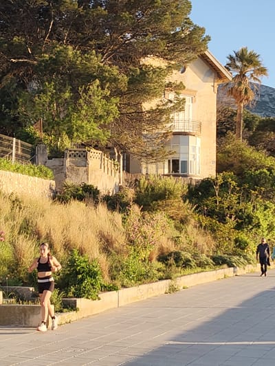 The image depicts an outdoor scene in Dénia, Spain, bathed in the warm, low light of either early morning or late afternoon, casting long shadows across the paved walkway.
In the foreground, a young woman with dark hair tied back is jogging on a textured, light-colored promenade. She is dressed in black athletic wear, comprising a sports bra and shorts with a white trim, and white running shoes. Her left foot is lifted mid-stride, indicating active motion.
Further along the promenade on the right side, a second person, clad in dark clothing, walks away from the viewer.
To the left and behind the promenade, a vibrant and varied landscape unfolds. A hillside is covered with a mix of tall, dry grasses, lush green bushes, and flowering plants, tiered by a low stone wall and a metal fence.
Dominating the mid-ground is a multi-story, light-colored building, likely a house or villa, built in a Mediterranean architectural style. It features a pitched roof, a rounded balcony on an upper floor, and a prominent bay window on the ground level. The building is partially framed and obscured by dense green trees, including tall pine-like species. To the right of the building, a tall palm tree stands, and in the far background, a large mountain or hill is visible under a clear blue sky.
The scene conveys a peaceful yet active atmosphere, with no visible text.