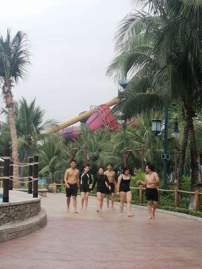 This full-shot photograph captures a group of six individuals walking barefoot along a paved pathway in what appears to be a water park or tropical resort area. The group consists of two shirtless men in black swim trunks and four women dressed in various black swimsuits, including one-piece designs and long-sleeved tops. They appear to be adults of East Asian descent, casually strolling and conversing.
The setting is dominated by lush tropical vegetation, primarily numerous tall palm trees that line the pathway and form a dense background. Towering over the trees in the distance are large, colorful water park structures, including prominent red, yellow, and purple water slides. A blue water tank structure is also partially visible through the foliage.
The pathway itself is a wide, reddish-brown paved surface. On the left side, a low, curved stone wall with a concrete cap borders the path, featuring dark wooden posts connected by ropes. Similar wooden fencing is present along the right side. Two dark, ornate lampposts are partially visible on the right, nestled among the palm trees.
The sky is overcast or hazy, indicating a daytime scene with soft, diffused lighting and no harsh shadows. The overall atmosphere suggests a leisurely activity in a resort or water park environment, consistent with the provided location context of Bai Chay Ward, Vietnam. Barely legible white text is visible on the black swim trunks of one man.