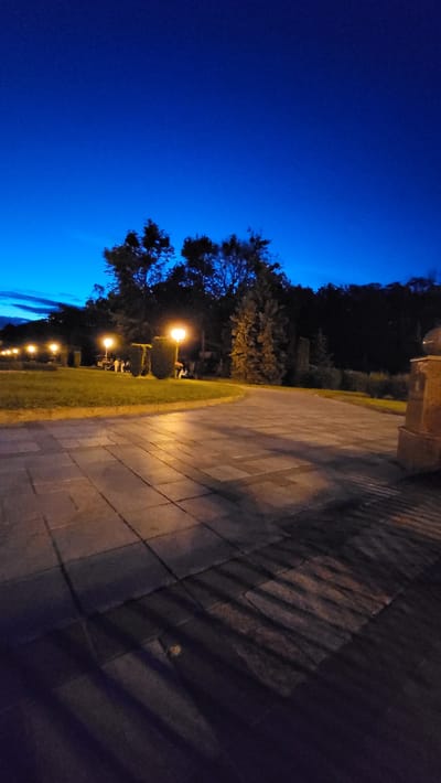 The image depicts a nighttime scene in a park or public garden, likely in Poltava, Ukraine, as suggested by the context of the request. A paved walkway, made of large, rectangular stone tiles, curves through the foreground and extends into the background. Streetlights, casting a warm yellow glow, are positioned along the left side of the walkway, illuminating a neatly manicured lawn and some well-trimmed bushes. In the middle ground, several figures can be seen standing near one of the lampposts, engaged in conversation or simply enjoying the evening. Beyond the lawn and the figures, a dense line of trees forms a dark backdrop against the deep blue twilight sky. The overall atmosphere is serene and peaceful, with the artificial light creating dramatic shadows on the paving stones.