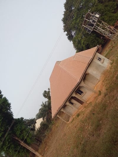 This image depicts a semi-urban or rural residential scene in Ankpa, Nigeria. The central subject is a single-story house, which appears to be recently constructed or under advanced construction. The house features unpainted, light-grey concrete walls and a prominent reddish-brown corrugated metal hip-and-gable roof. Multiple rectangular windows with light-colored frames are visible on the visible facades; some panes appear dark. The front facade includes a covered porch area supported by several grey pillars.
The house is situated on dry, uneven ground with sparse, brown and green vegetation, suggesting uncultivated land. In the background, on the right side, a tall, metal-framed water tower stands, supporting at least three black, cylindrical water tanks. This tower is partially obscured by dense green foliage from large trees. Overhead, two thin power lines traverse the upper portion of the frame. More green trees and vegetation are visible across the background, and a lighter-colored building is partially discernible in the distant left background amidst the trees. No individuals, vehicles, or active elements are present in the scene.