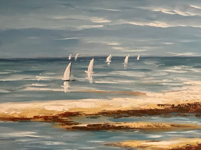 This is an oil painting depicting sailboats on a body of water, with a sandy beach and rocky shoreline in the foreground. The sky is filled with dramatic, streaky clouds. The sailboats are rendered in white and are scattered across the middle ground of the scene. The water has a choppy texture, with whitecaps and reflections of the sky and sailboats. The shoreline is textured with shades of tan, brown, and rust, suggesting sand and rocks. The painting style is impressionistic, with visible brushstrokes that give a sense of movement and light. There are no people or specific landmarks visible in the painting to associate it with Silistra, Bulgaria.