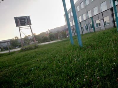 The image shows a grassy area in front of a grey, multi-story building with numerous windows, likely a school or dormitory, located in the city of Vyhoda, Ukraine. A basketball hoop with a dilapidated backboard stands on the left side of the frame, set against a bright, hazy sky. A chain-link fence runs along the front of the building. The foreground is dominated by a dense field of green grass interspersed with small, dark seed heads and a few scattered wildflowers. In the background, a tree line and rolling hills are visible under the overcast sky. The overall scene suggests an outdoor recreational area or schoolyard.